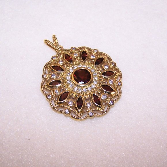 Sterling Silver Vermeil Red / Clear Cubic Zirconia CZ Round Pendant - Picture 5 of 9